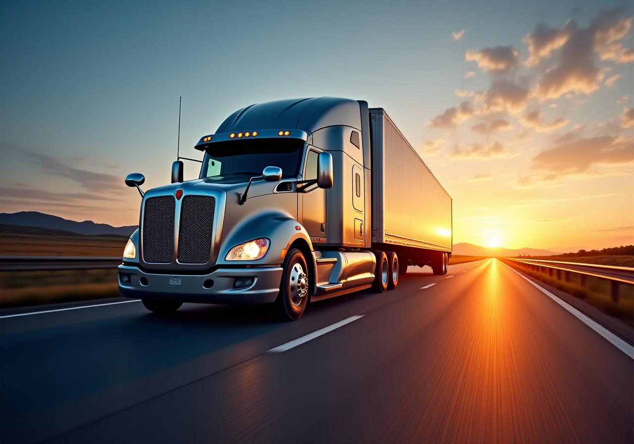 Modern logistics truck on a highway at dusk